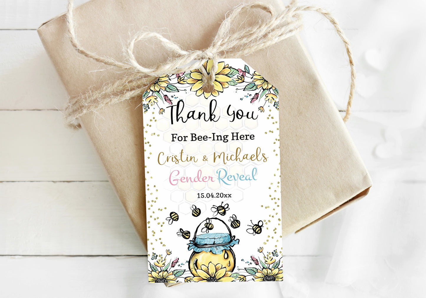 Editable Bee Thank You Tags | Honeycomb Gender Reveal Favor Tags - 61A