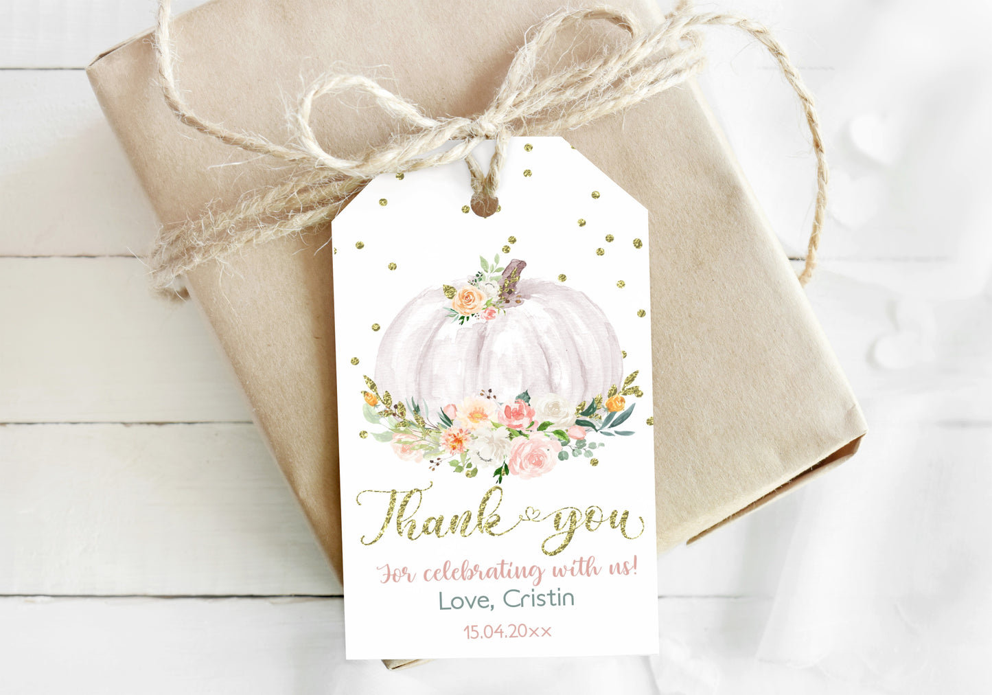 White and Gold Pumpkin Thank You Tag | Fall Baby Shower Favor Tags - 30H