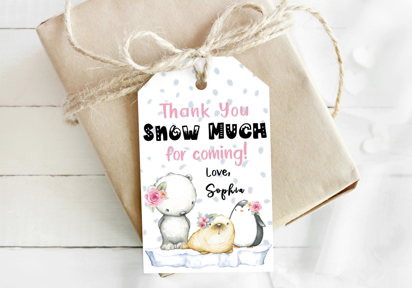 Girl Arctic Animals Thank you Tags | Arctic Themed Party Favor Tags - 77A
