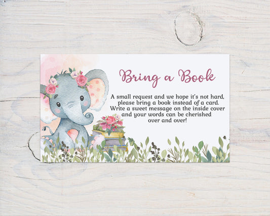 Girl Elephant Bring a Book Request Printable Card | Elephant Baby Shower Invitation insert - 63A
