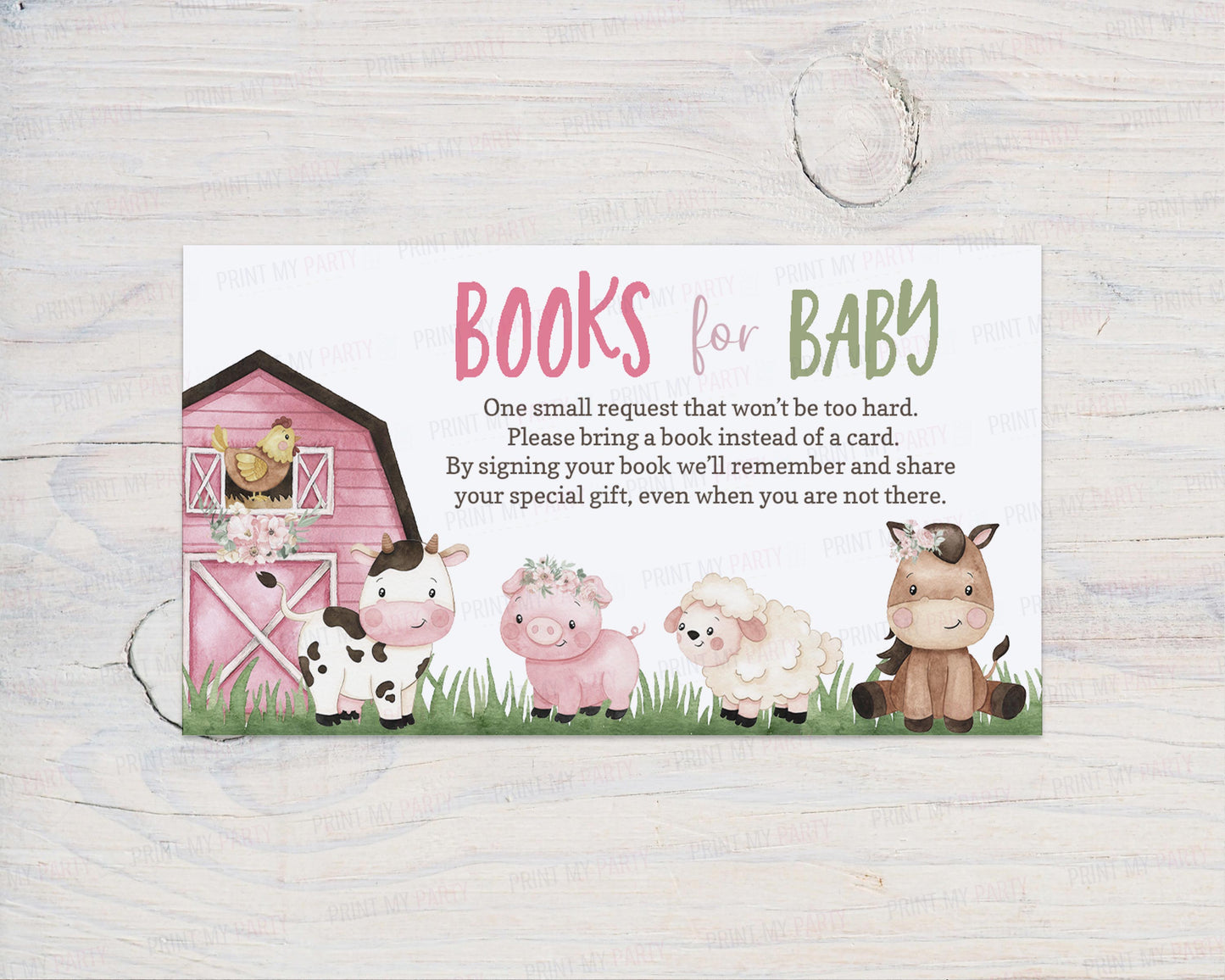 Girl Farm Books For Baby Request Card | Barnyard Baby Shower Invitation insert - 11A