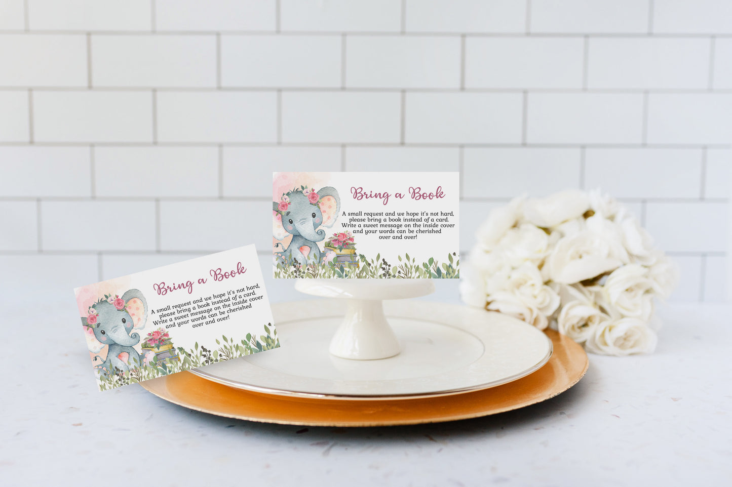 Girl Elephant Bring a Book Request Printable Card | Elephant Baby Shower Invitation insert - 63A