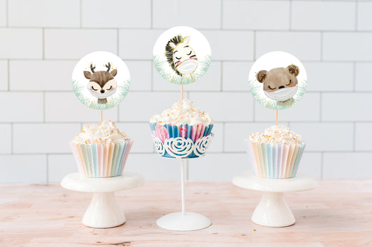 Safari With Mask Baby Shower Cupcake Toppers | Jungle Themed Cupcake Picks - 35D