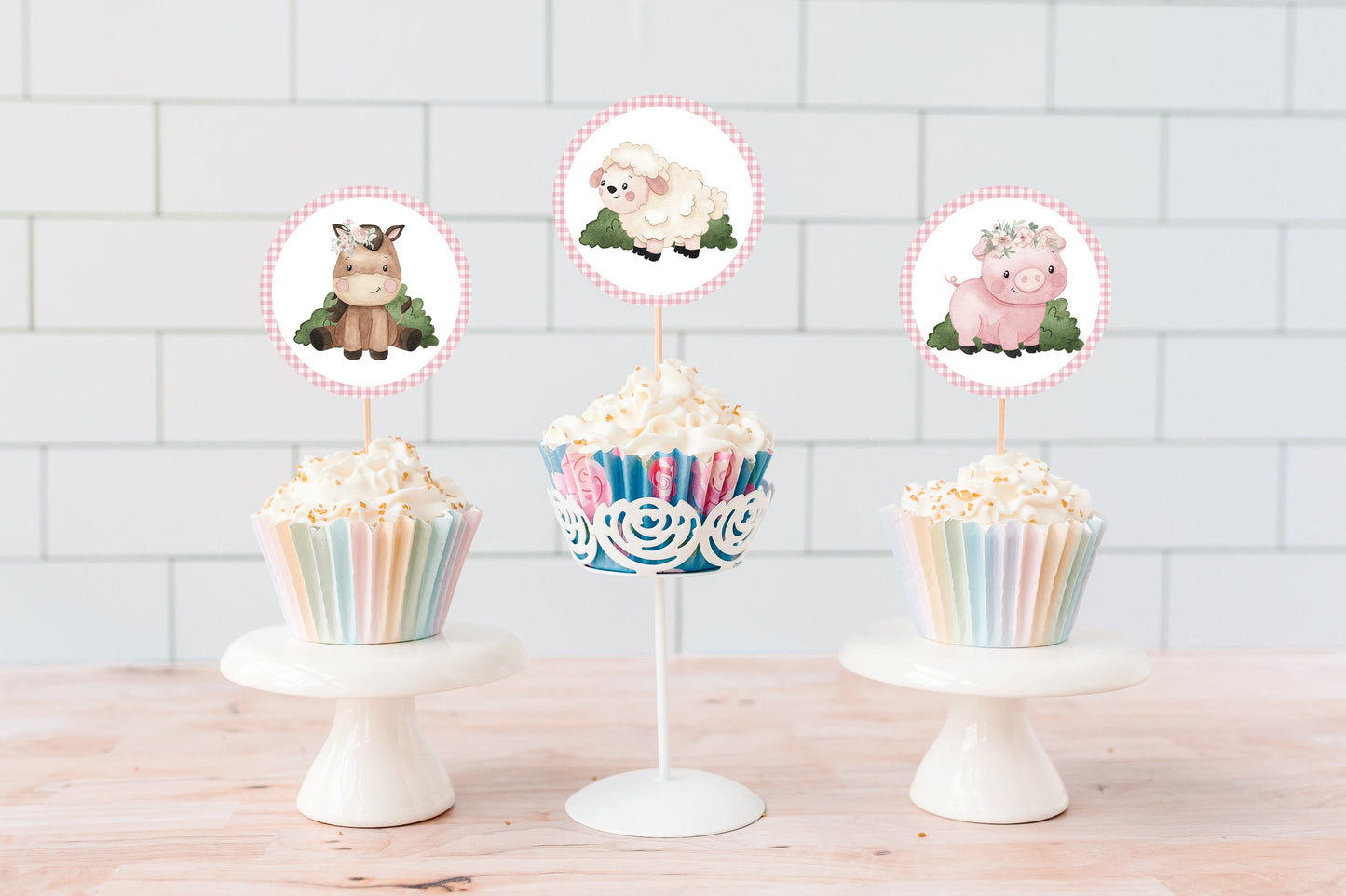 Girl Farm Cupcake Toppers | Pink Barnyard Themed Party Cupcake Picks - 11A