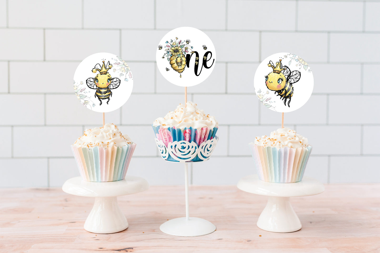 Bee 1st Birthday Cupcake Toppers 2" | Bumble Bee Themed Party Decorations - 61A