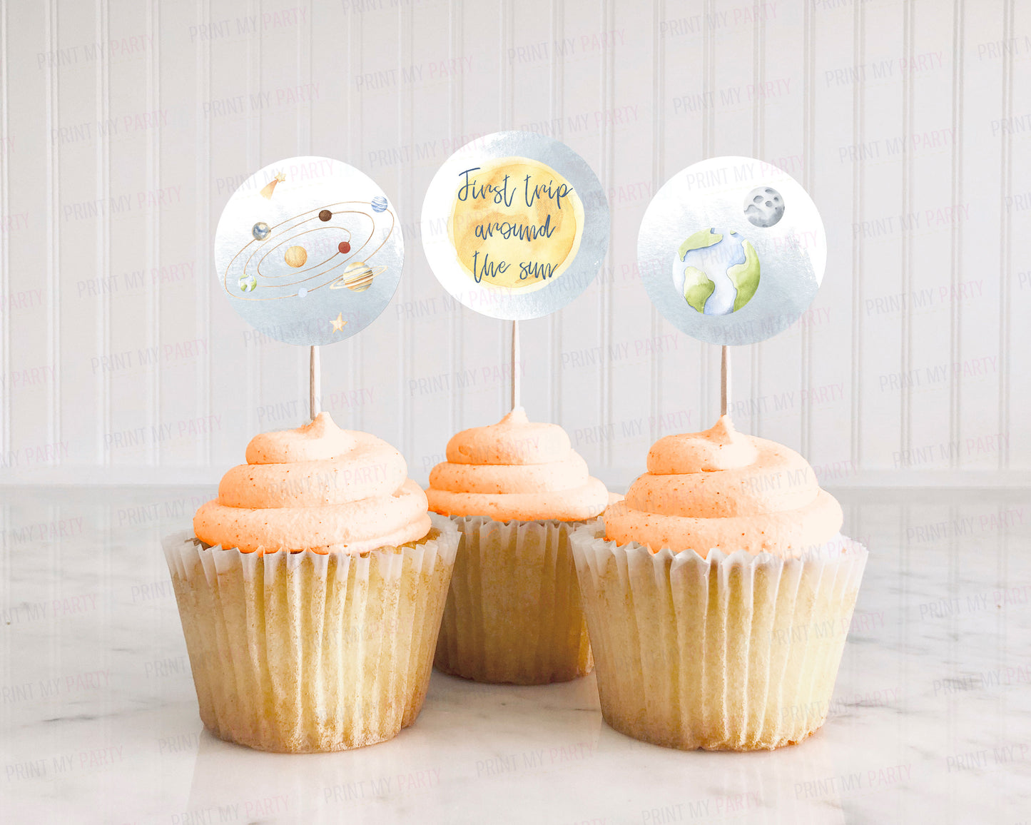 Space 1st Birthday Cupcake Toppers | First Trip Around The Sun Party Decorations - 39B