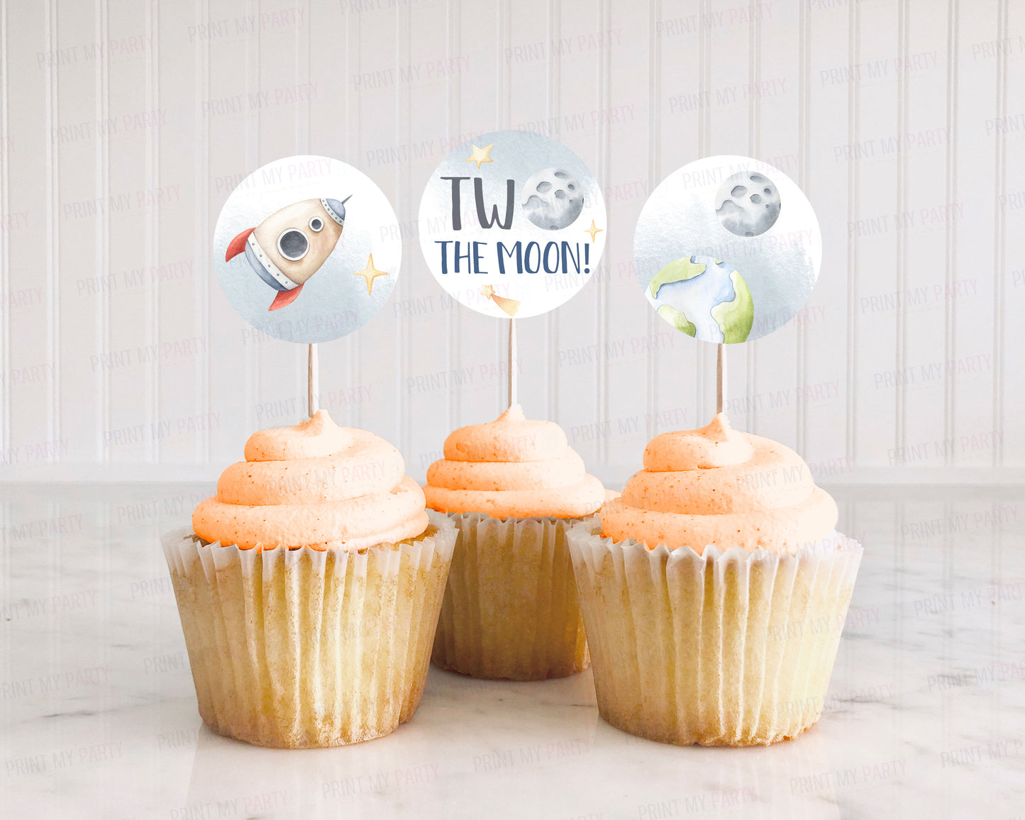 Two The Moon Cupcake Toppers | Space Themed 2nd Birthday Party Decorations - 39B