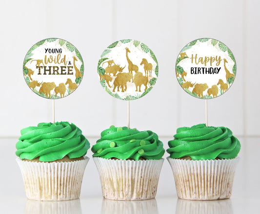 Safari Young wild & three Cupcake Toppers | Jungle Themed Birthday Cupcake Picks - 35K