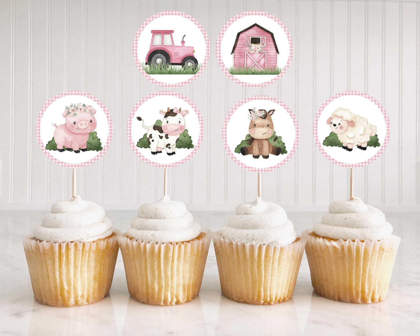 Girl Farm Cupcake Toppers | Pink Barnyard Themed Party Cupcake Picks - 11A