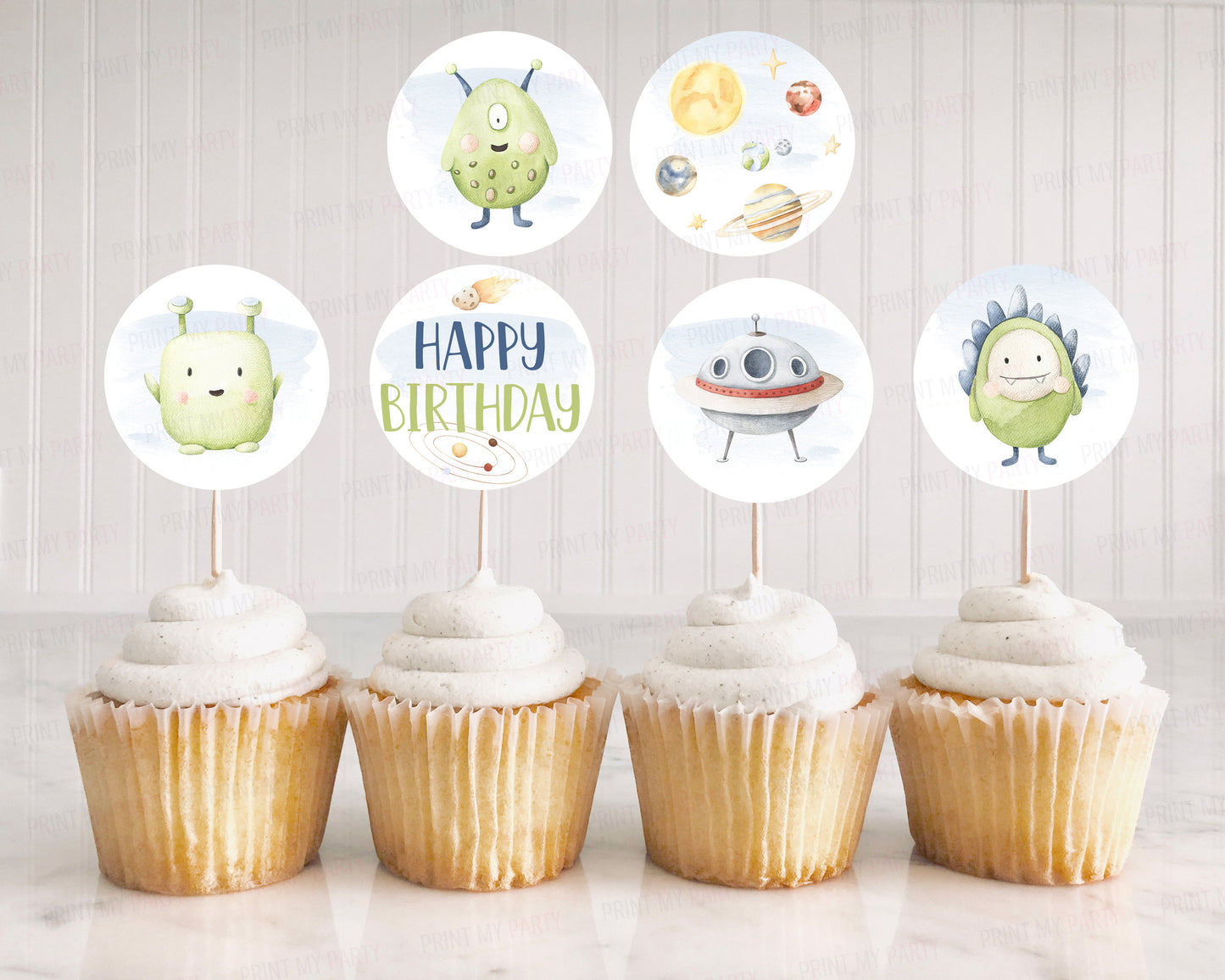 Alien Cupcake Toppers | Outer Space Themed Birthday Party Decorations - 39B