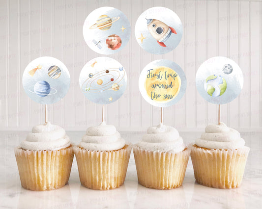 Space 1st Birthday Cupcake Toppers | First Trip Around The Sun Party Decorations - 39B
