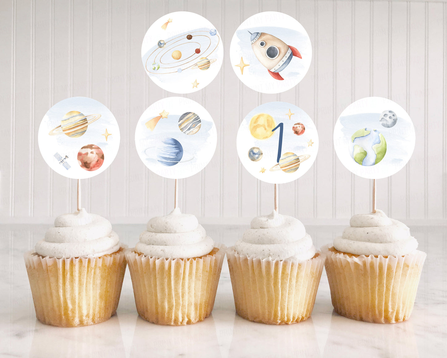 Space Cupcake Toppers | Astronaut Themed 1st Birthday Party Decorations - 39B