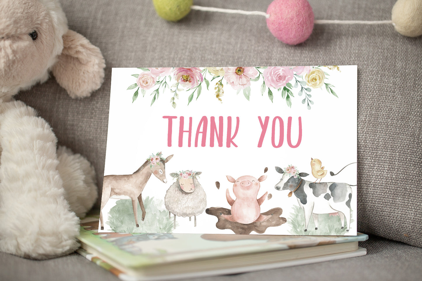 Floral Farm Thank You Card | Girl Barnyard Party Printables  - 11B