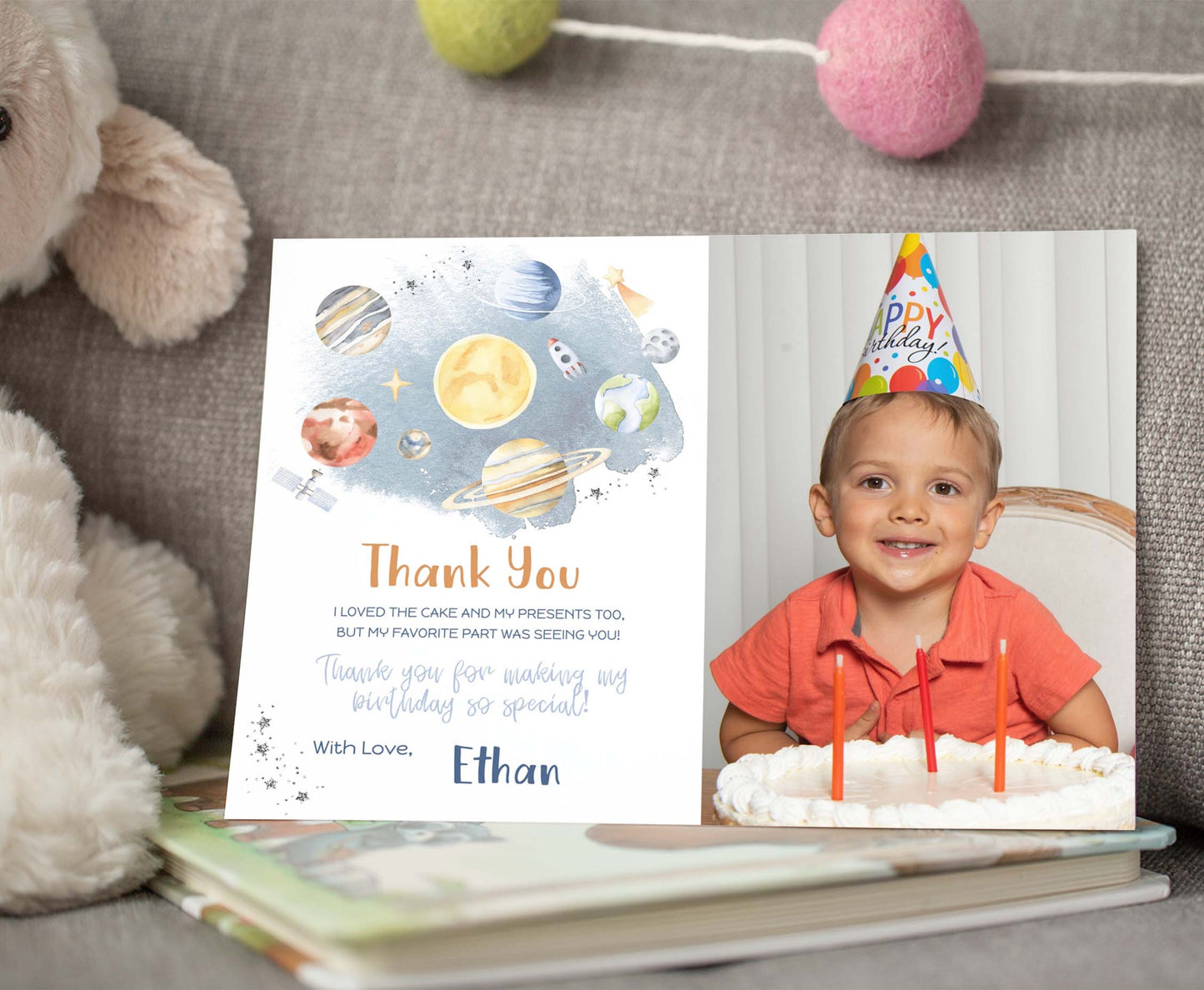 Space Photo Thank You Card | Editable Planets Birthday Thank You Note - 39B