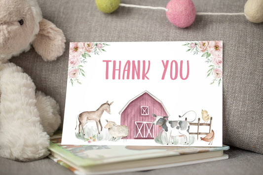 Girl Farm Thank You Card | Floral Barnyard Party Printables  - 11B