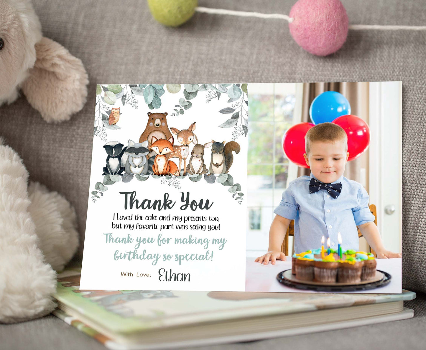 Greenery Woodland Photo Thank You Card | Editable Forest Birthday Thank You Note - 47J1