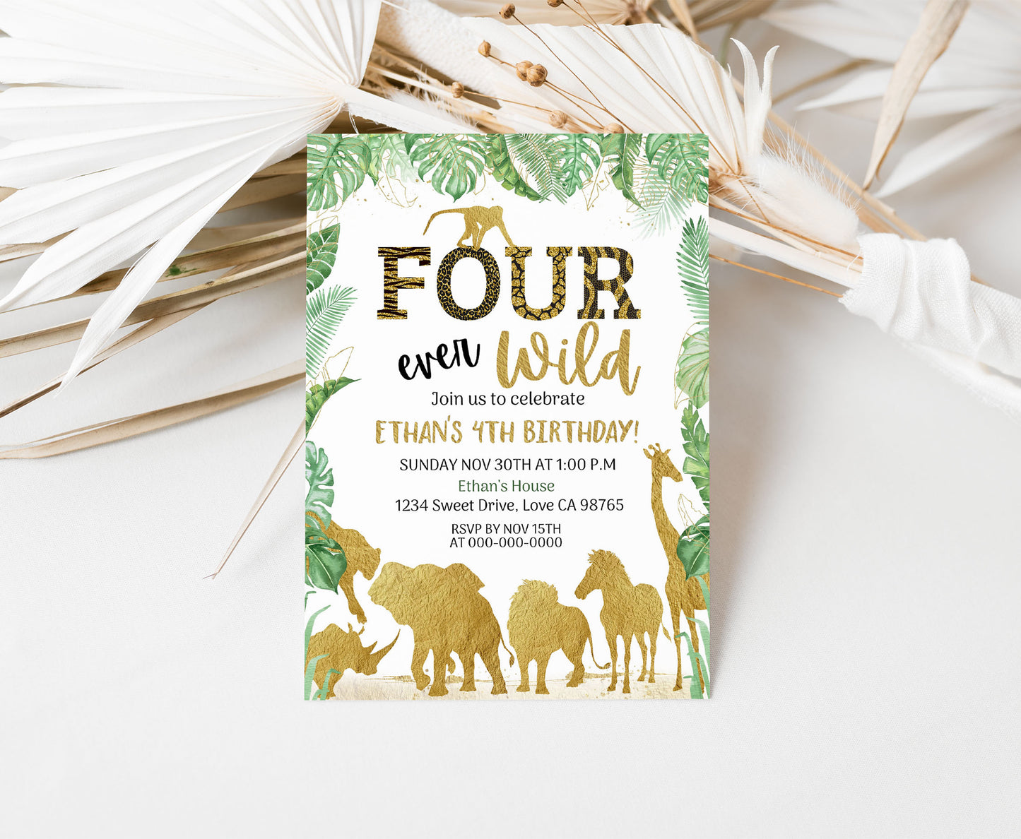 Four Ever Wild Birthday Invitation | Editable safari 4th Birthday Invite - 35K