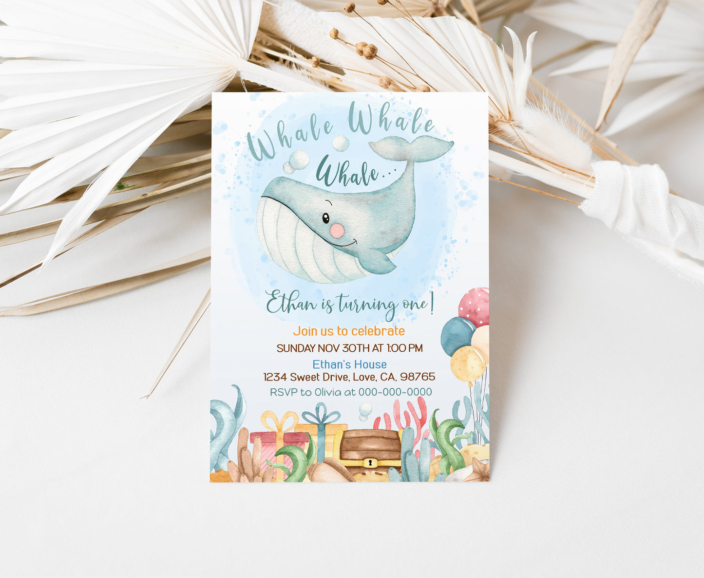 Editable Under The Sea Birthday Invitation Boy | Whale Party Invite - 44A