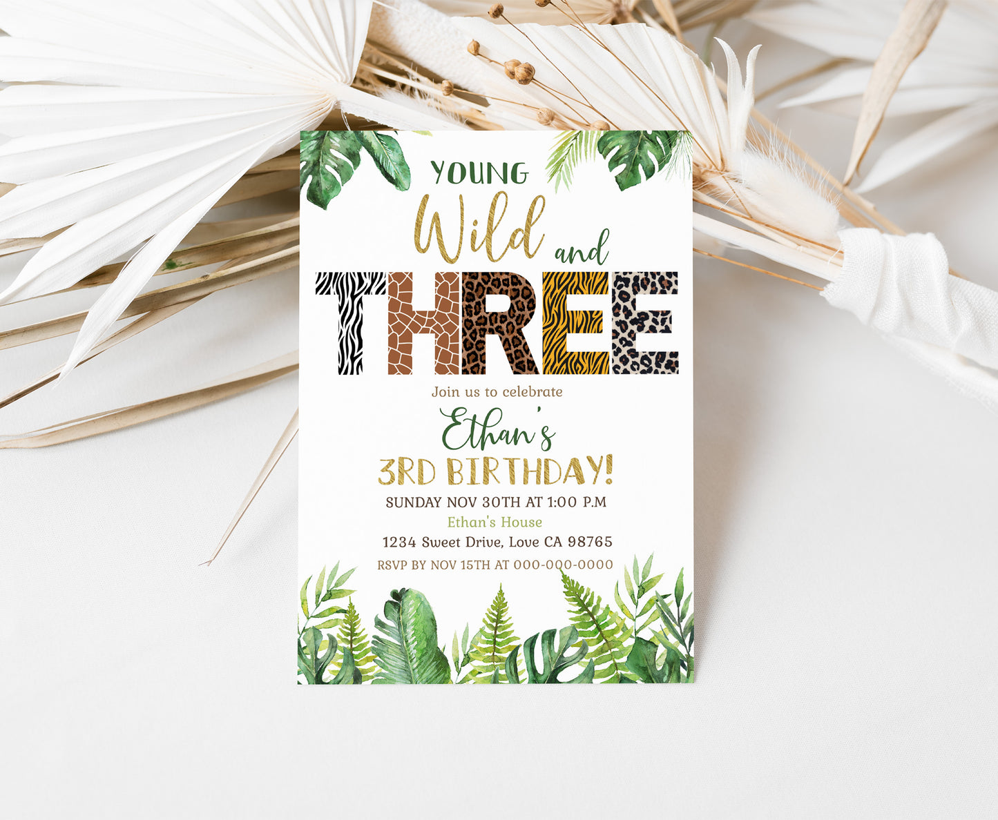 Young Wild And Three Animal Print Invitation | Editable Safari 3rd Birthday Invite - 35H