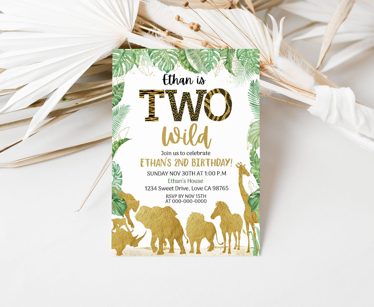 Gold Safari Animals 2nd Birthday Invitation | Editable Two wild Birthday Invite - 35K