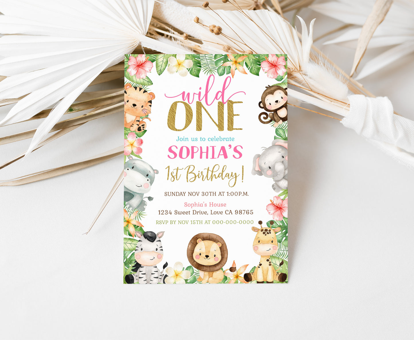 Girl Safari Birthday Invitation | Editable Floral Jungle Animals Party Invite - 35E