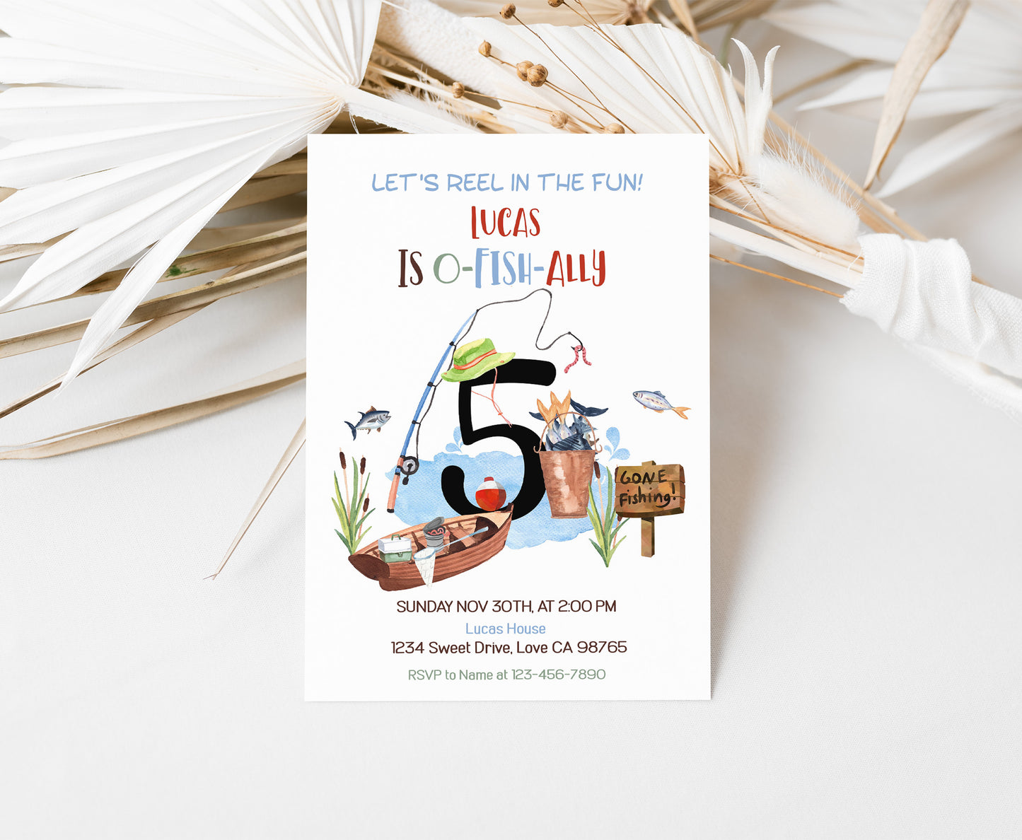 O-Fish-Ally five Birthday Invitation | Editable Fishing Theme Party Invite - 97A