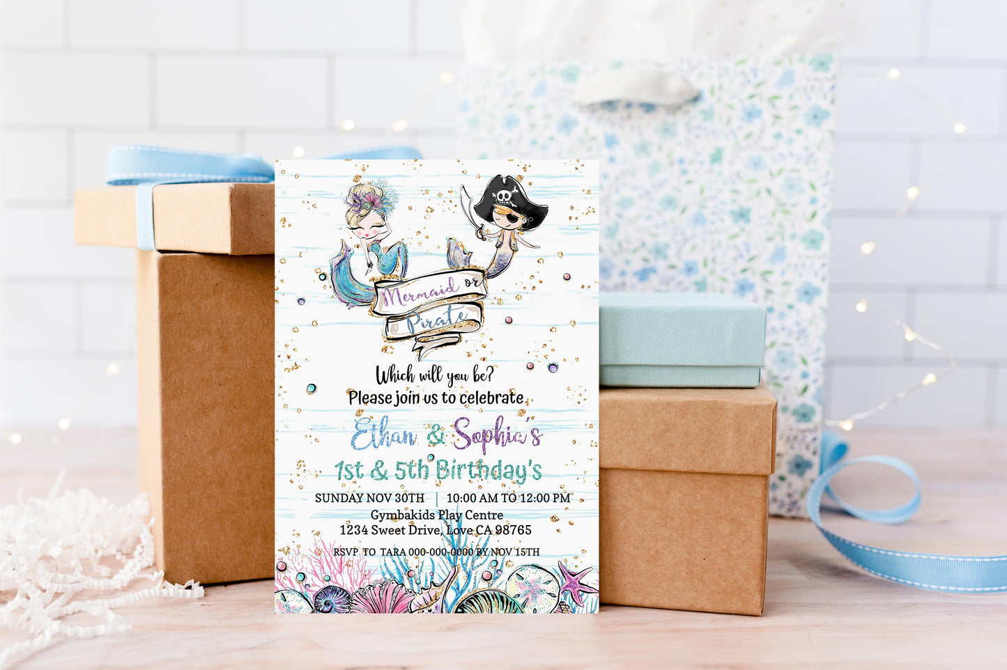 Mermaid and Pirate Party Invitation | EDITABLE Twins Birthday Invite - 20A1