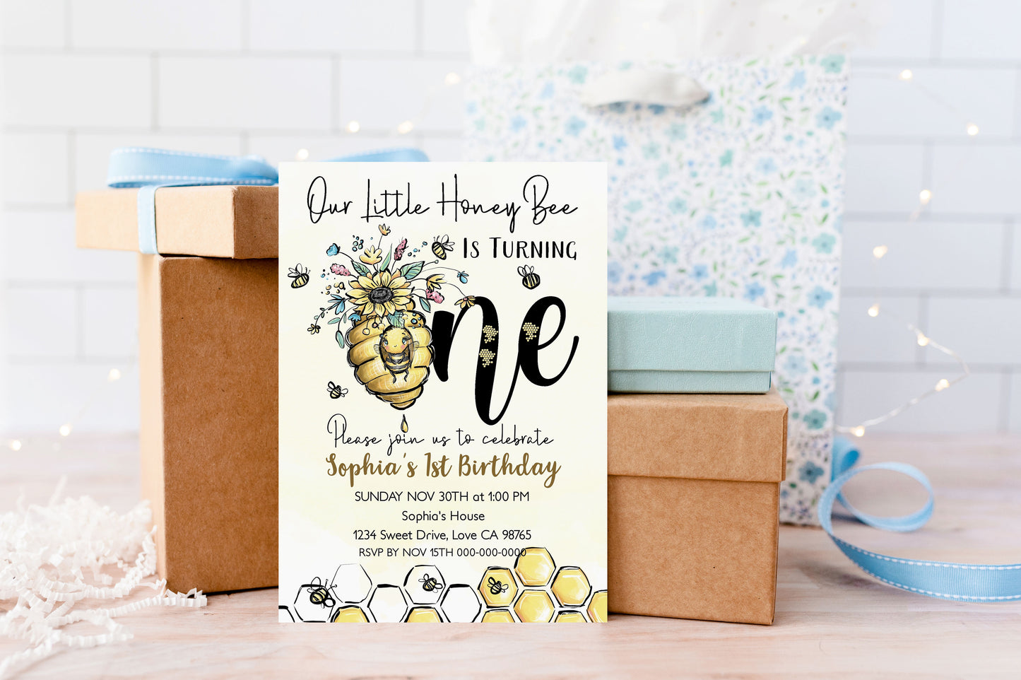 Our Little Honey Bee is Turning One | Bumble Bee 1st Birthday Party Invite - 61A