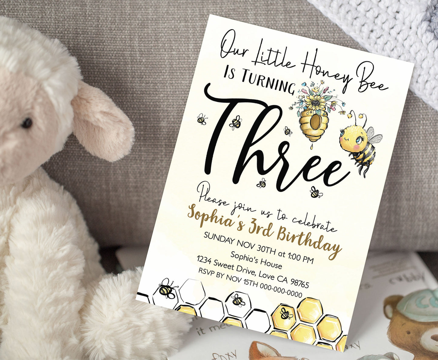 Our Little Honey Bee is Turning Three | Bee 3rd Birthday Party Invite - 61A