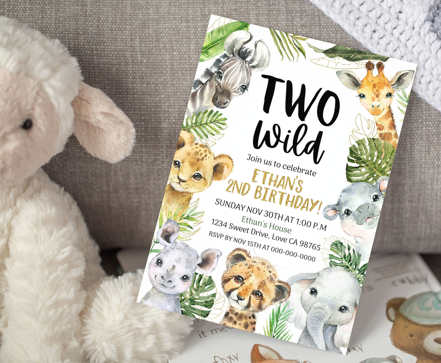 Two Wild Safari Invitation | Editable Jungle Animals 2nd Birthday Invite - 35A