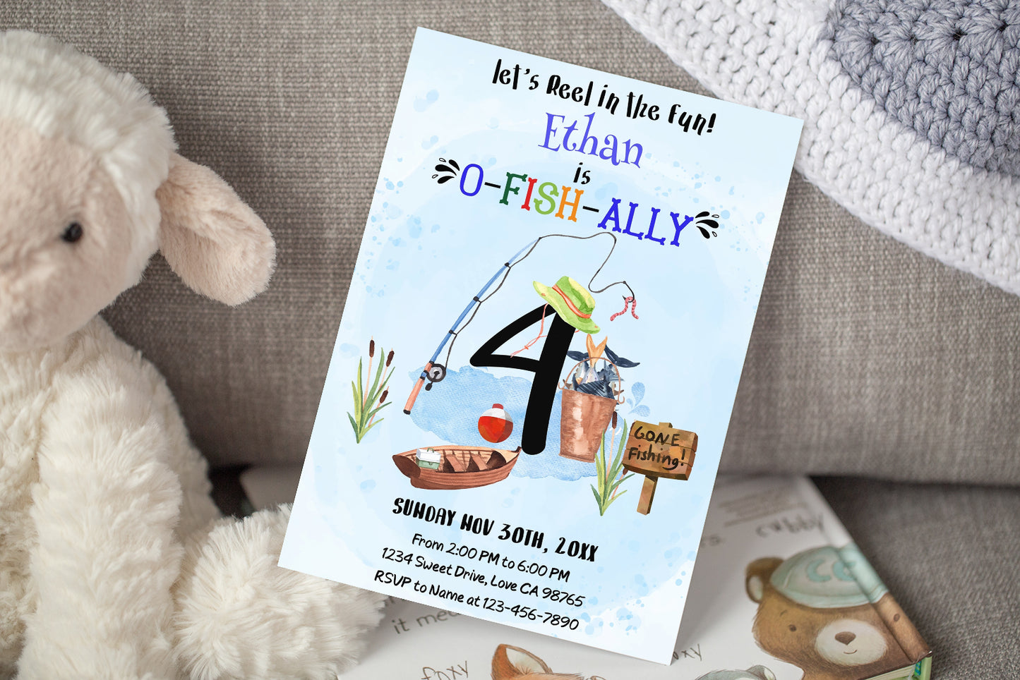 O-Fish-Ally Four Birthday Invitation | Editable Fishing Theme Party Invite - 97A