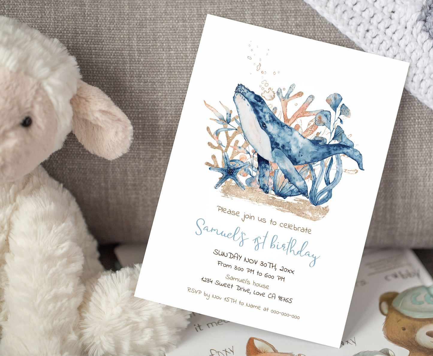 Whale first birthday Invitation | Editable Under the sea Invite - 44C