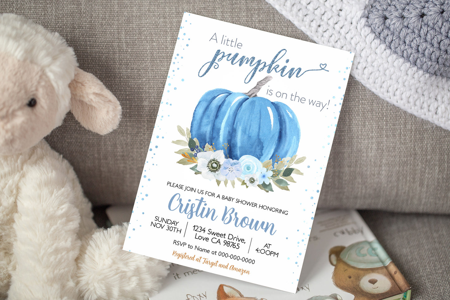 A Little Pumpkin is on the Way Invitation | Editable Pumpkin Baby Shower Boy Invite - 30B