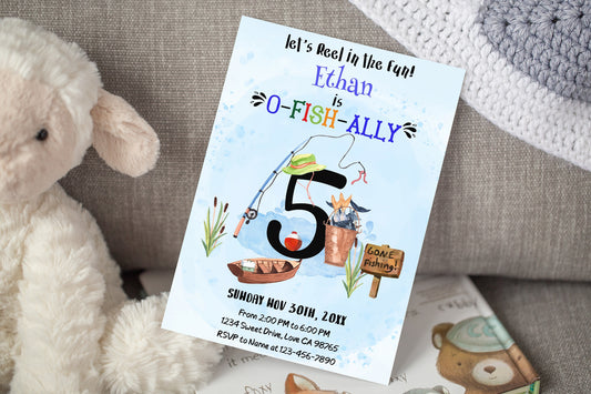 O-Fish-Ally Five Birthday Invitation | Editable Fishing Theme Party invite - 97A
