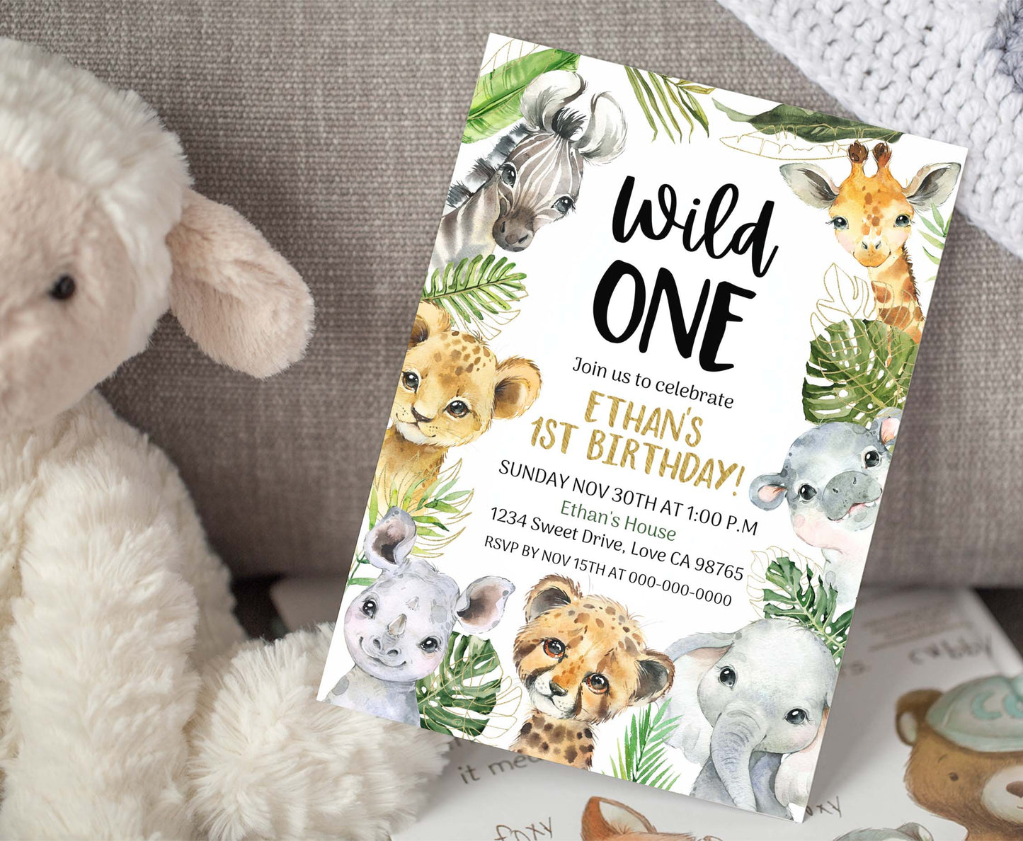 Safari Wild One Invitation | Editable Jungle Animals 1st Birthday Invite - 35A