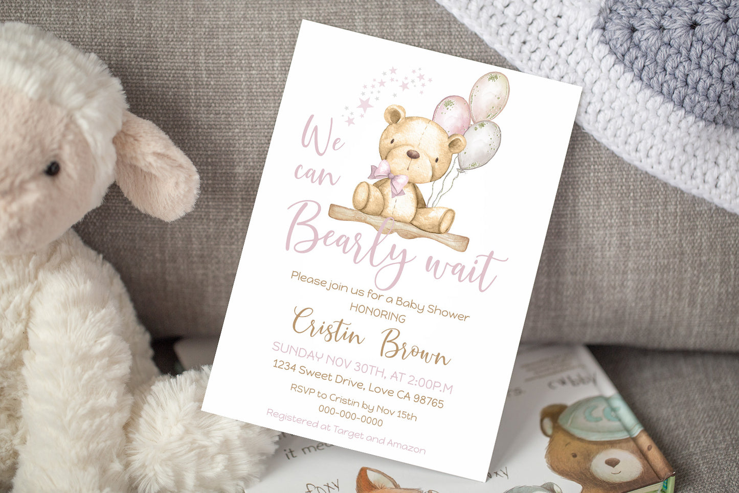 Pink Teddy Bear baby shower invitation | Editable Girl Baby Shower Invite - 76A