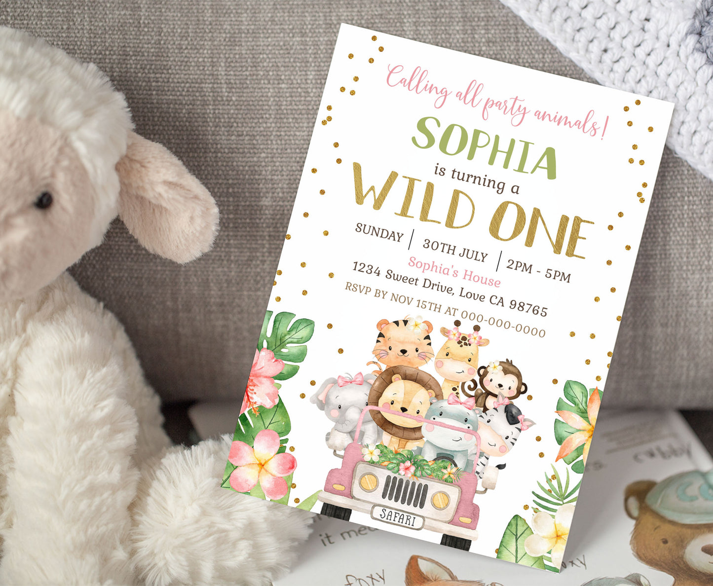 Wild One, Girl Safari Party Animals Invitation | Editable Floral Jungle Birthday Invite - 35E