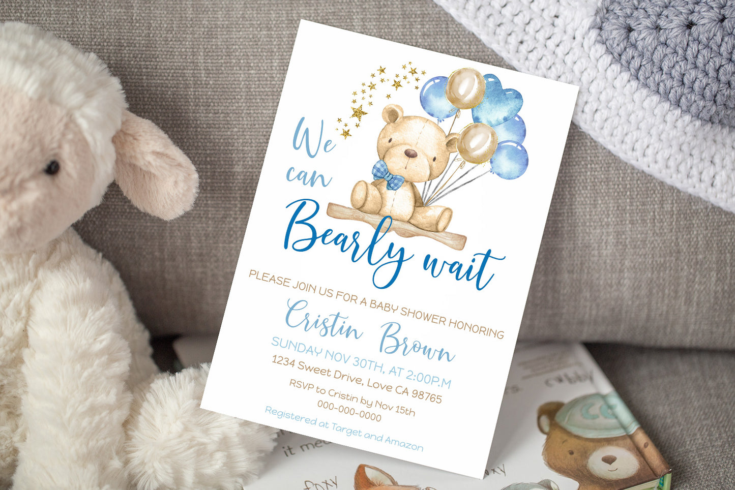 Gold and Blue Teddy Bear Baby Shower Invitation - 76A