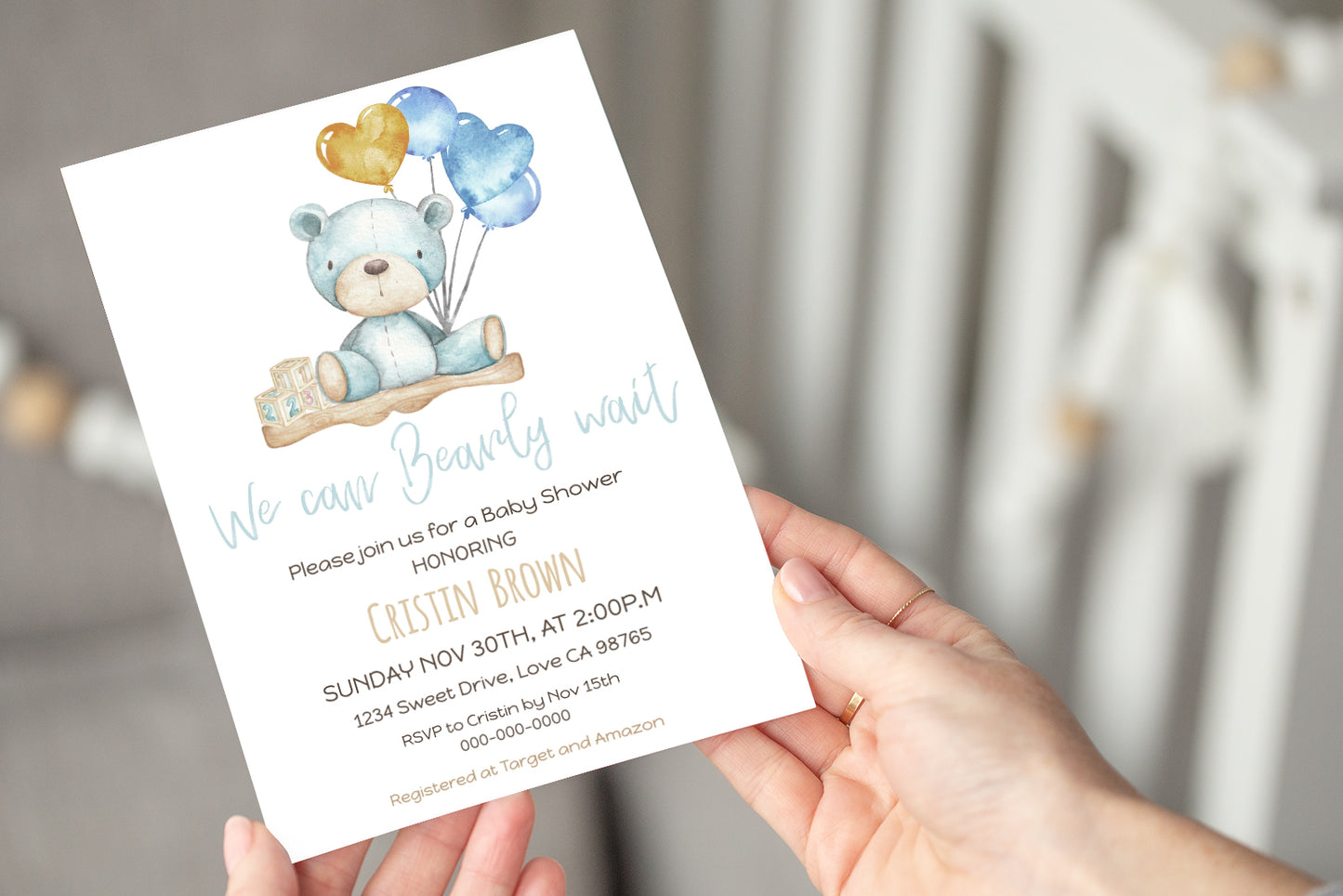 Teddy bear baby shower invitation blue | Editable boy baby shower invite - 76A