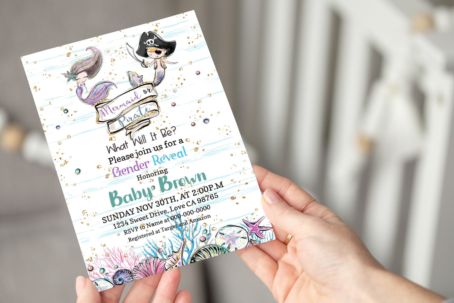Mermaid or Pirate Editable Invitation | Blue or Pink  Gender Reveal Invitation 20A1