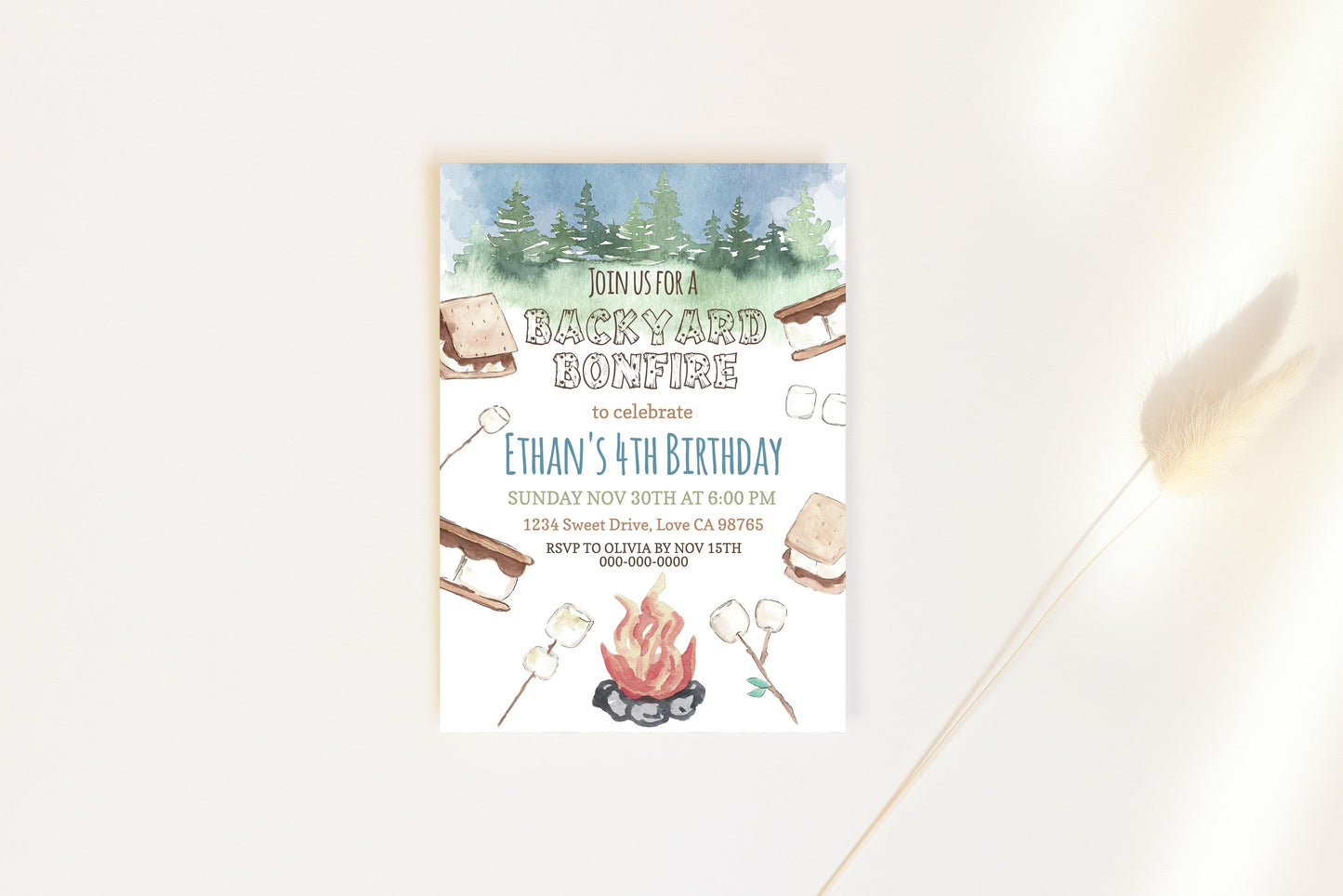Backyard Bonfire Invitation | Editable Camping Birthday Party Invite - 04A