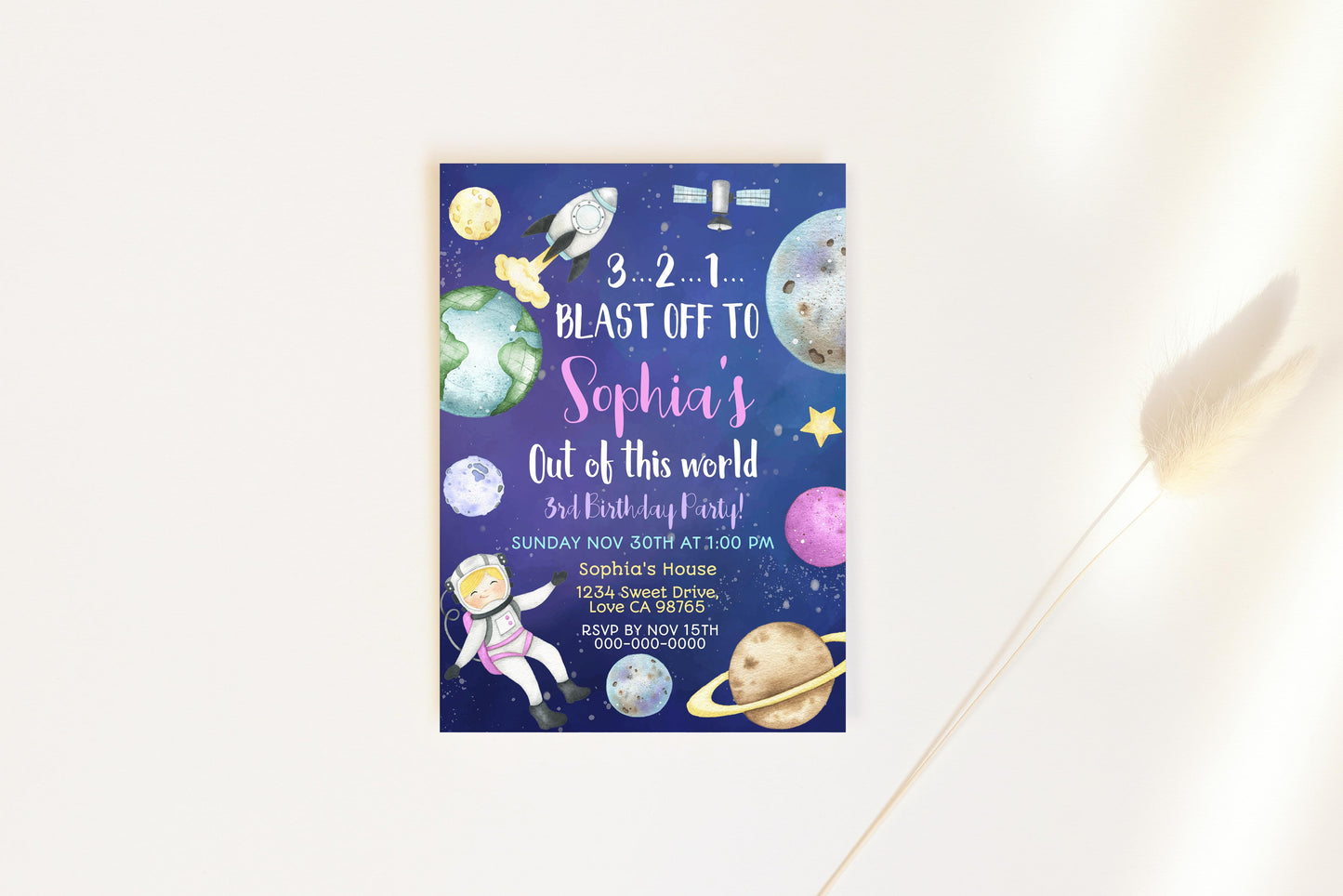 Space Birthday Invitation Girl | Pink Astronaut Party Invite - 39A