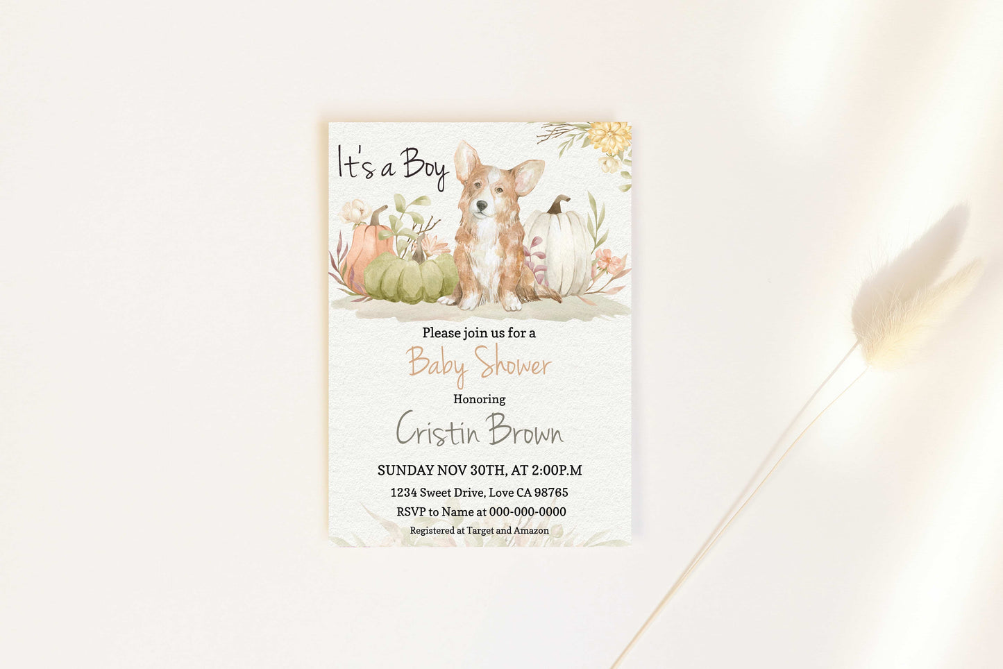Editable It's a Boy Corgi and Pumpkins Invitation | Fall Boy Baby Shower - 30G2
