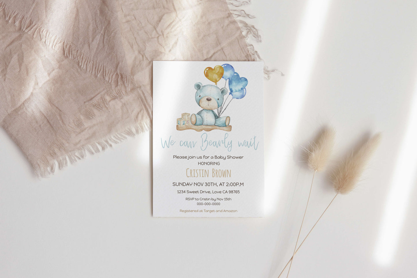Teddy bear baby shower invitation blue | Editable boy baby shower invite - 76A