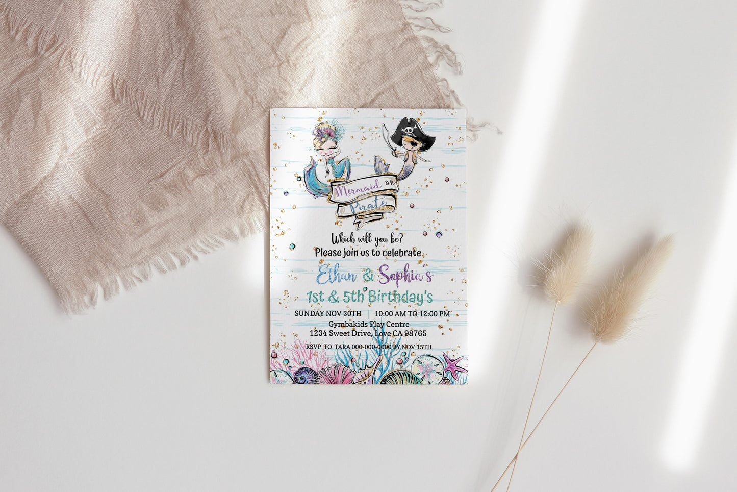 Mermaid and Pirate Party Invitation | EDITABLE Twins Birthday Invite - 20A1