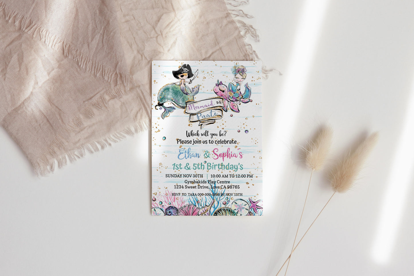 Pirate and Mermaid Party Invitation | EDITABLE Twins Birthday Invite - 20A1