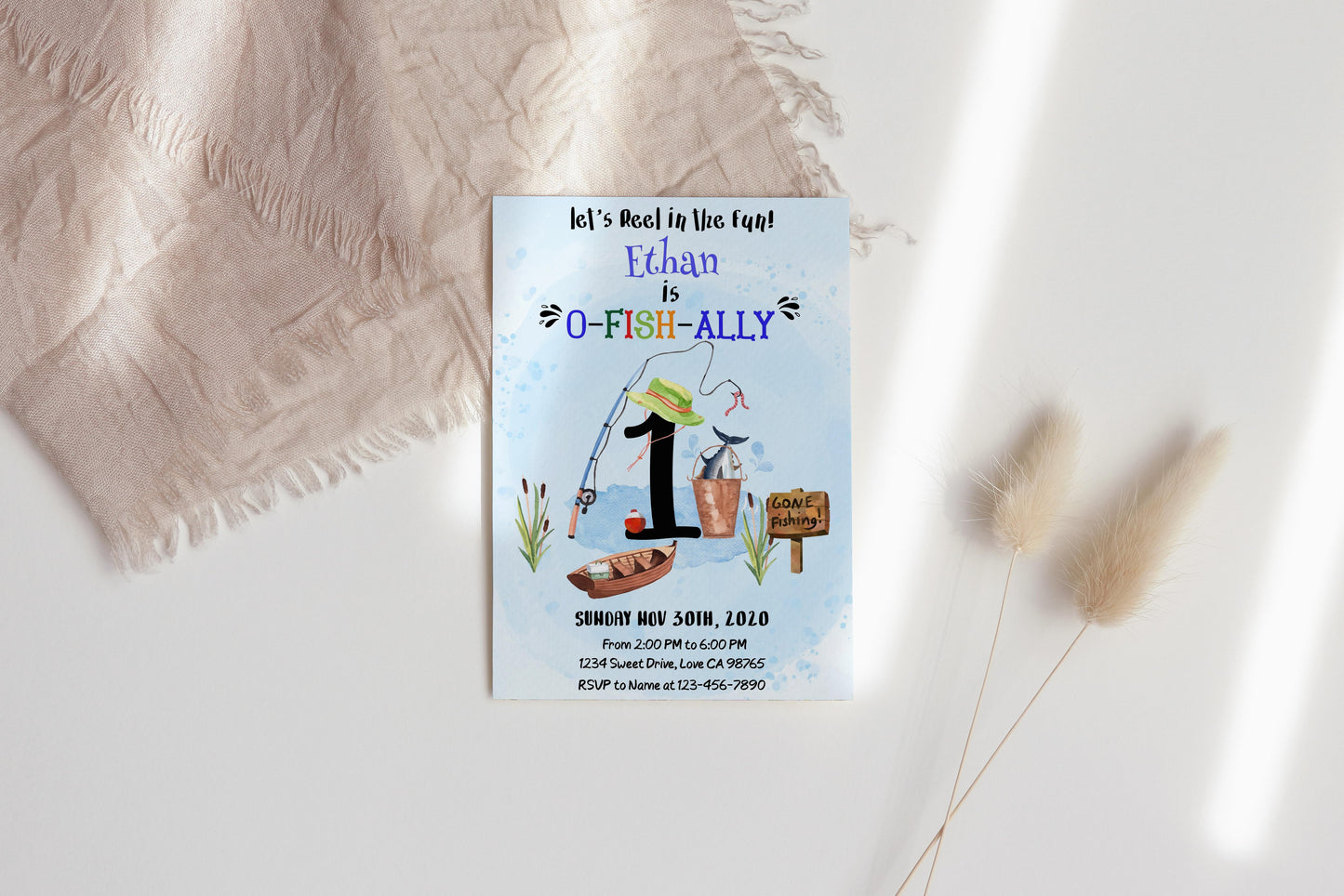 O-Fish-Ally One Birthday Invitation | Editable Fishing Theme Party Invite - 97A