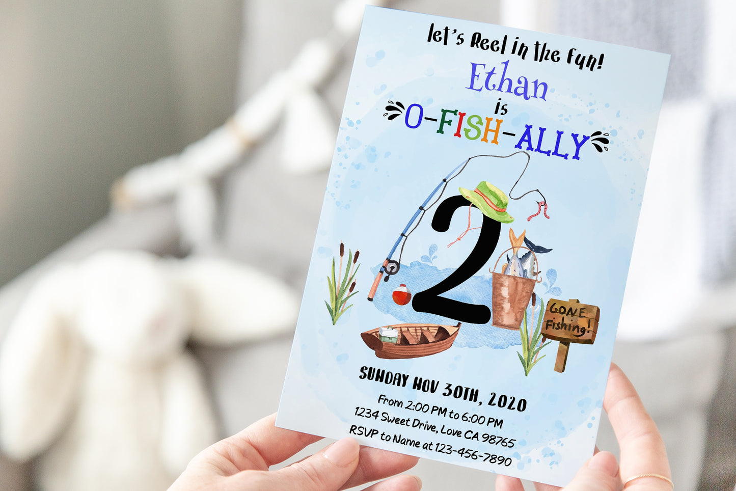 O-Fish-Ally Two Birthday Invitation | Editable Fishing Theme Party Invite - 97A