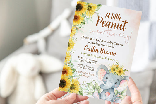 Sunflower Elephant Baby Shower Invitation | Floral Girl Baby Shower Invite - 63B
