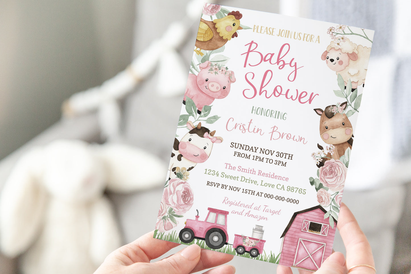 Floral Farm Animals Baby Shower Invitation | Barnyard Girl Baby Shower Invite - 11A